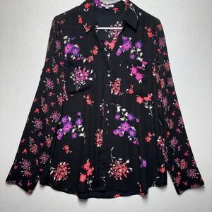 Express Portofino Floral Button Front Blouse Black Pink Purple Size L
